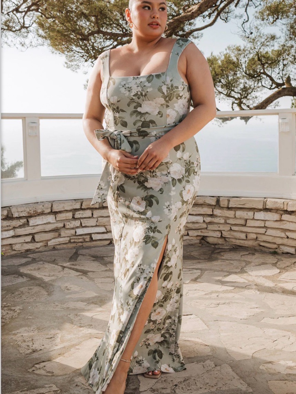 Show Me Your MuMu Sage Green Floral Square-Neck Maxi Dress with Side Slit